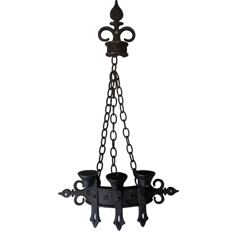 Vintage Sexton USA 1967 Gothic Medieval Cast Metal 3 Cup Hanging Sconce Black